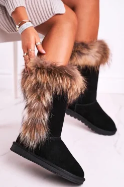 Damskie Botki Śniegowce Ocieplane Futerkiem Skóra Zamsz Czarne Balvin