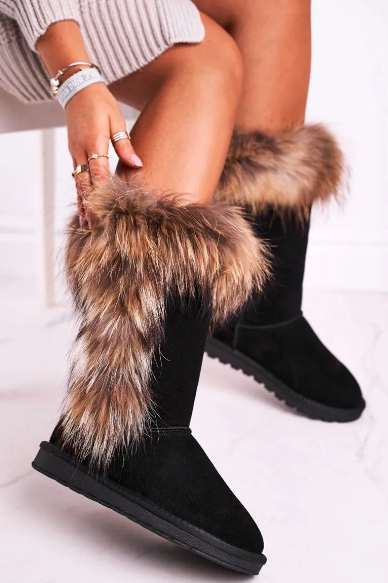 Damskie Botki Śniegowce Ocieplane Futerkiem Skóra Zamsz Czarne Balvin