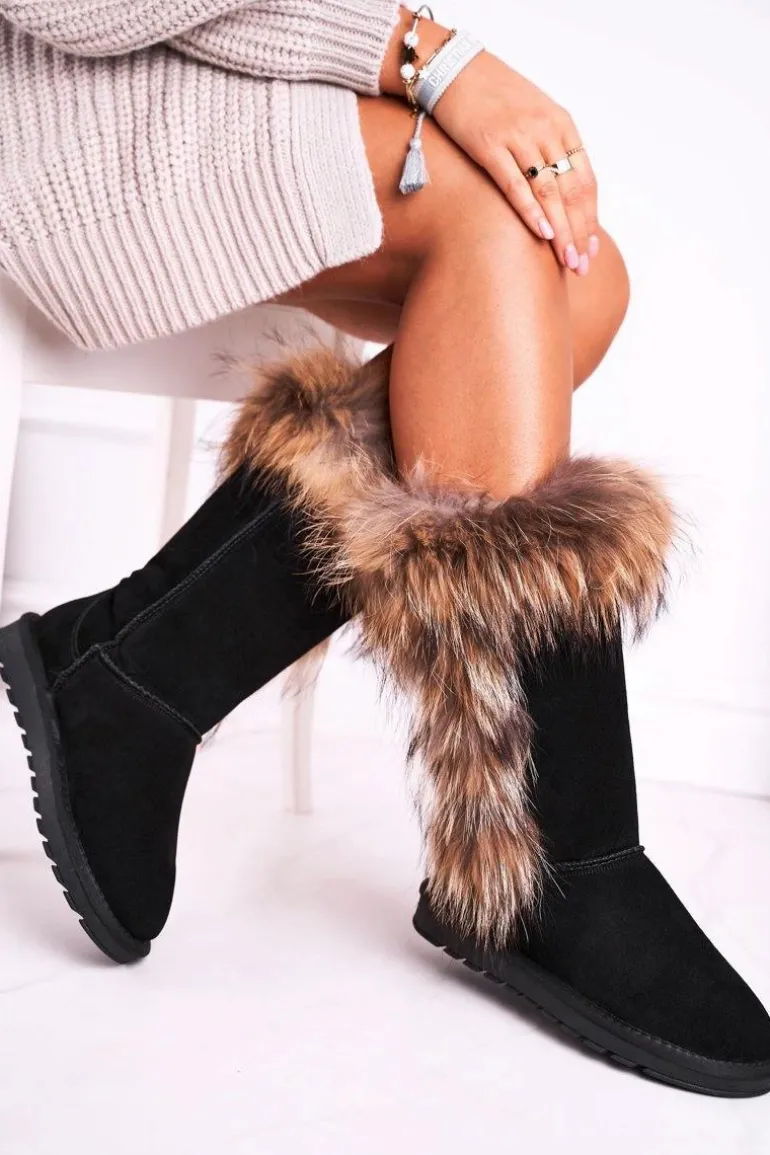 Damskie Botki Śniegowce Ocieplane Futerkiem Skóra Zamsz Czarne Balvin