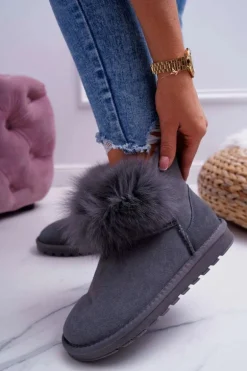 Damskie Botki Śniegowce Ocieplane Futerkiem Skóra Zamsz Szare Memento