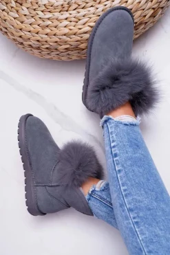 Damskie Botki Śniegowce Ocieplane Futerkiem Skóra Zamsz Szare Memento