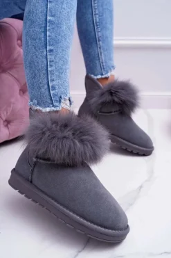Damskie Botki Śniegowce Ocieplane Futerkiem Skóra Zamsz Szare Memento