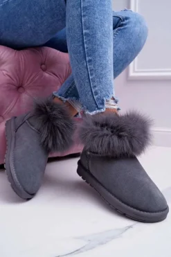 Damskie Botki Śniegowce Ocieplane Futerkiem Skóra Zamsz Szare Memento