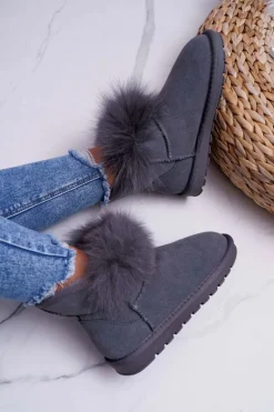 Damskie Botki Śniegowce Ocieplane Futerkiem Skóra Zamsz Szare Memento