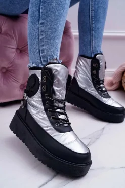 Damskie Botki Śniegowce Ocieplane Futerkiem Srebrne Fahrenheit