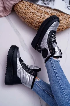 Damskie Botki Śniegowce Ocieplane Futerkiem Srebrne Fahrenheit