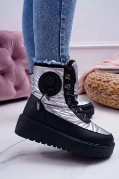 Damskie Botki Śniegowce Ocieplane Futerkiem Srebrne Fahrenheit