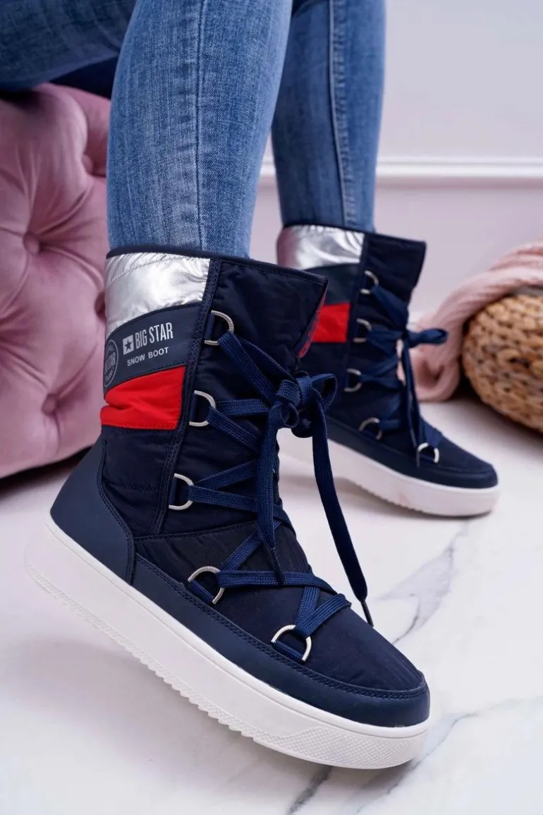 Damskie Botki Śniegowce Ocieplane Futerkiem Big Star Granatowe EE274657