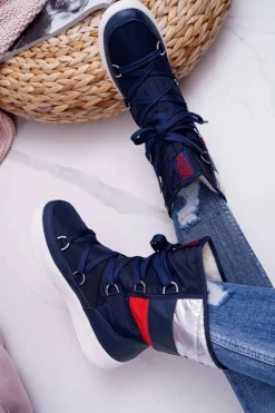 Damskie Botki Śniegowce Ocieplane Futerkiem Big Star Granatowe EE274657