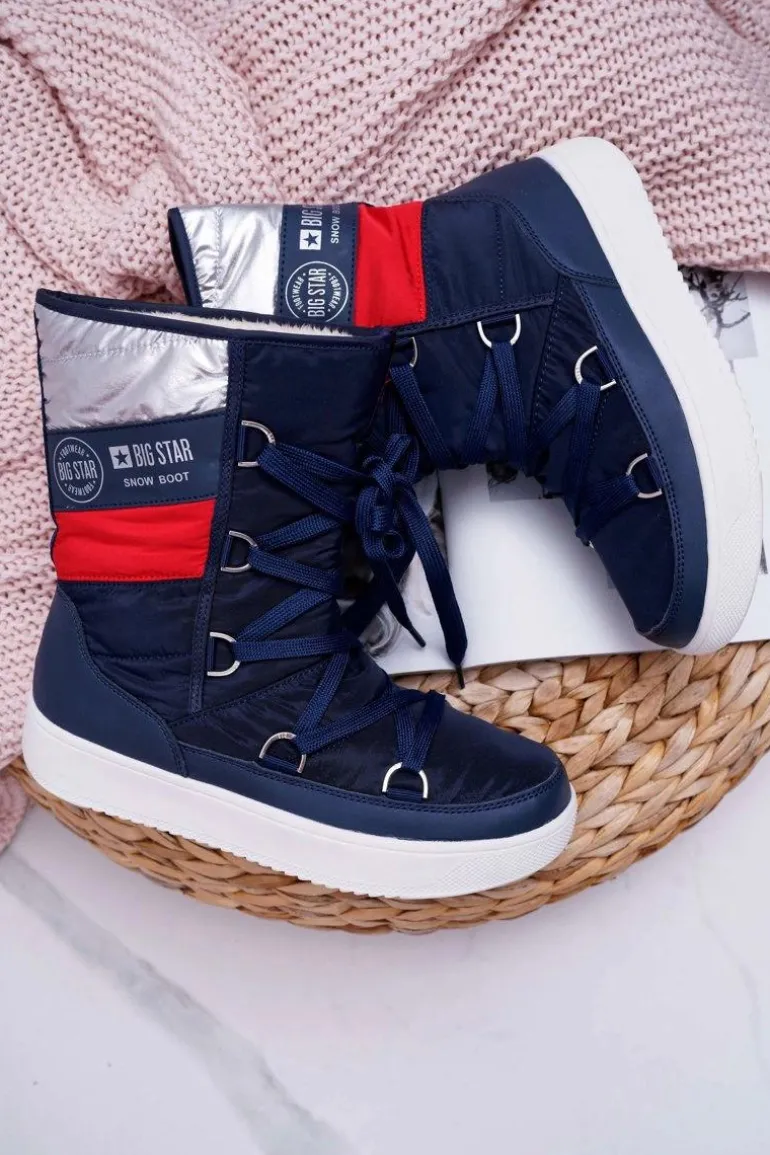 Damskie Botki Śniegowce Ocieplane Futerkiem Big Star Granatowe EE274657