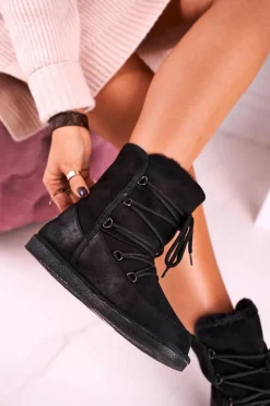 Damskie Botki Śniegowce Ocieplane Futerkiem Czarne Ilana