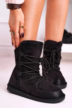Damskie Botki Śniegowce Ocieplane Futerkiem Czarne Ilana