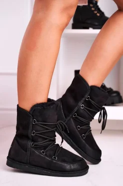 Damskie Botki Śniegowce Ocieplane Futerkiem Czarne Ilana