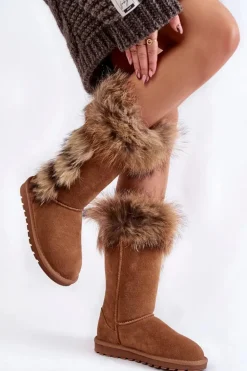 Damskie Botki Śniegowce Ocieplane Zamszowe Camel Balvin