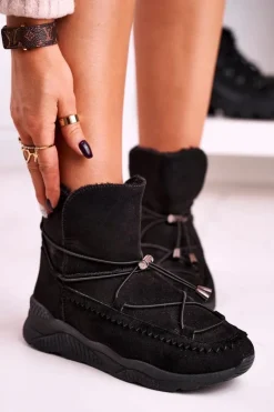 Damskie Botki Śniegowce Sportowe Ocieplane Futerkiem Czarne Synte