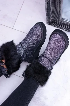 Damskie Botki Śniegowce Wysokie Z Futerkiem i Brokatem Fourrure