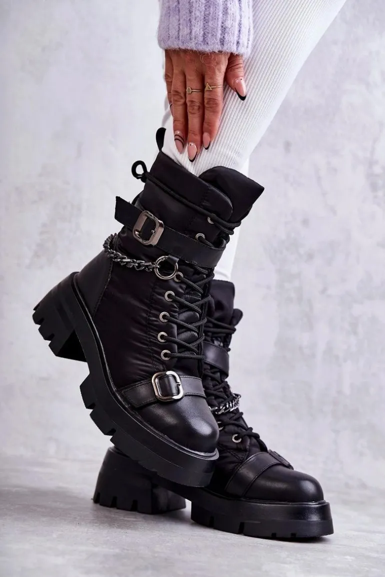 Damskie Botki Śniegowce Z Łańcuchem GOE KK2N4018 Czarne