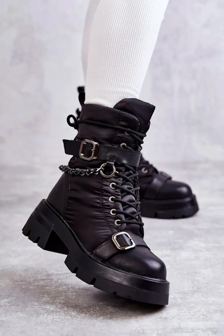 Damskie Botki Śniegowce Z Łańcuchem GOE KK2N4018 Czarne