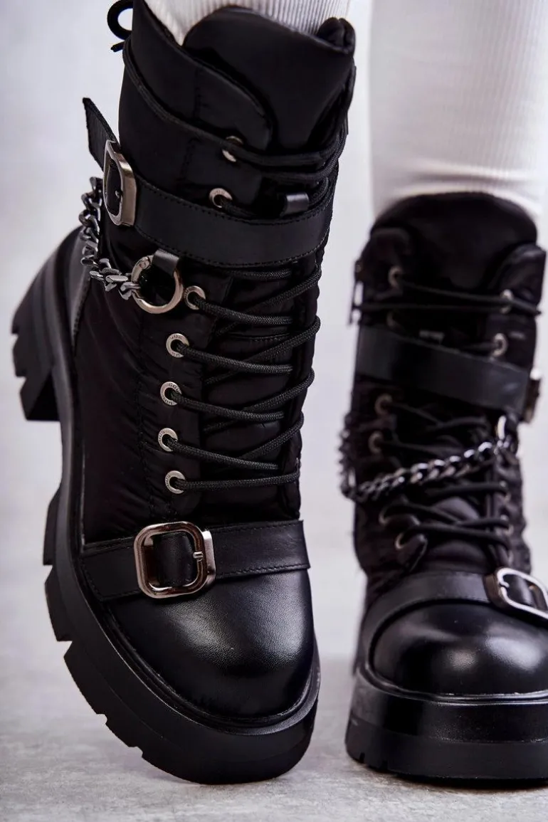 Damskie Botki Śniegowce Z Łańcuchem GOE KK2N4018 Czarne