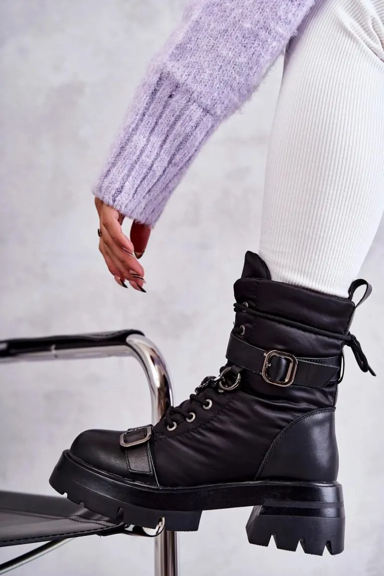 Damskie Botki Śniegowce Z Łańcuchem GOE KK2N4018 Czarne