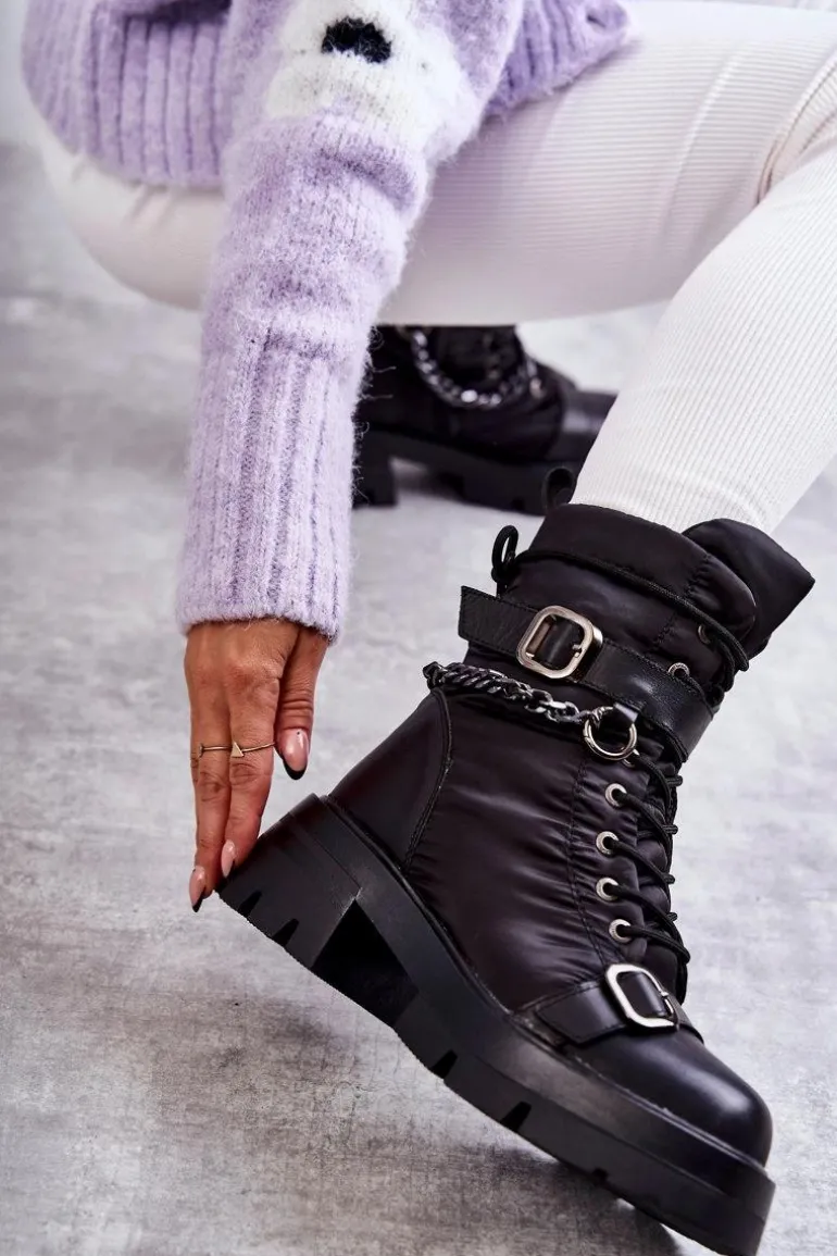 Damskie Botki Śniegowce Z Łańcuchem GOE KK2N4018 Czarne