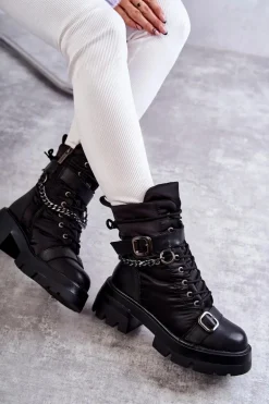 Damskie Botki Śniegowce Z Łańcuchem GOE KK2N4018 Czarne