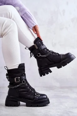 Damskie Botki Śniegowce Z Łańcuchem GOE KK2N4018 Czarne