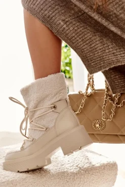 Damskie Botki Śniegowce Z Kożuszkiem Beżowe Sanna