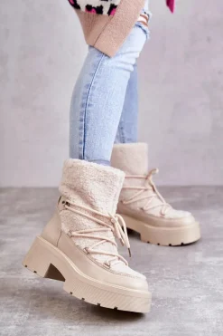 Damskie Botki Śniegowce Z Kożuszkiem Beżowe Sanna