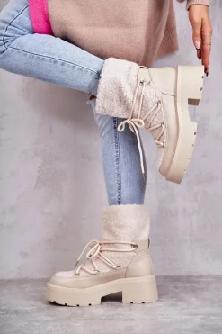 Damskie Botki Śniegowce Z Kożuszkiem Beżowe Sanna
