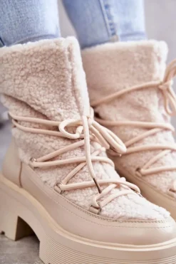 Damskie Botki Śniegowce Z Kożuszkiem Beżowe Sanna