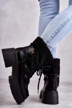 Damskie Botki Śniegowce Z Kożuszkiem Czarne Sanna