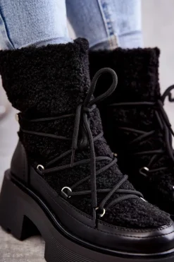 Damskie Botki Śniegowce Z Kożuszkiem Czarne Sanna
