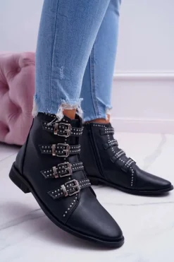 Damskie Botki Nity Klamry Czarne Berugio