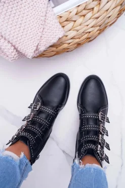 Damskie Botki Nity Klamry Czarne Berugio