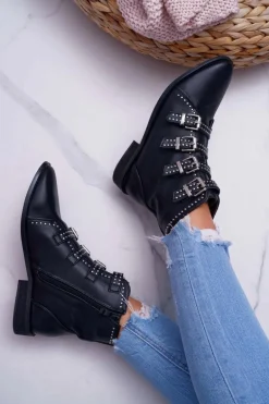 Damskie Botki Nity Klamry Czarne Berugio