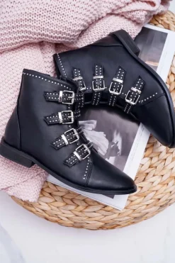 Damskie Botki Nity Klamry Czarne Berugio