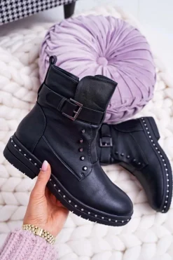 Damskie Botki Ocieplane Futerkiem Czarne Piano