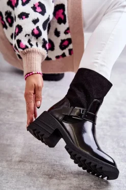 Damskie Botki Ocieplane Na Masywnym Obcasie Czarne Marinela