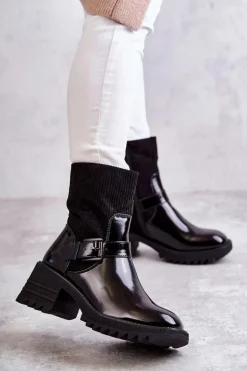 Damskie Botki Ocieplane Na Masywnym Obcasie Czarne Marinela