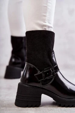 Damskie Botki Ocieplane Na Masywnym Obcasie Czarne Marinela