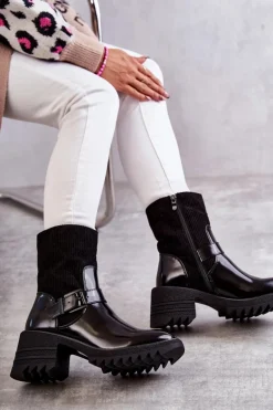 Damskie Botki Ocieplane Na Masywnym Obcasie Czarne Marinela