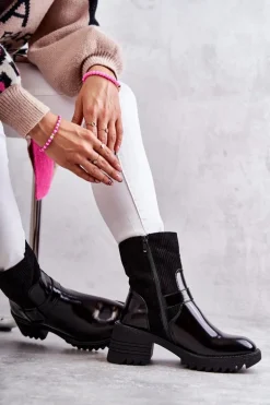 Damskie Botki Ocieplane Na Masywnym Obcasie Czarne Marinela