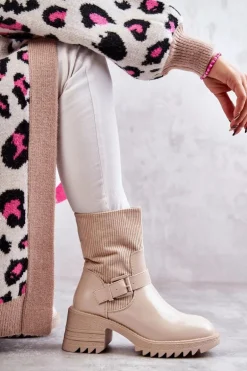 Damskie Botki Ocieplane Na Masywnym Obcasie Beżowe Marinela