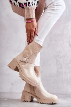 Damskie Botki Ocieplane Na Masywnym Obcasie Beżowe Marinela