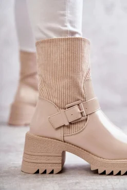 Damskie Botki Ocieplane Na Masywnym Obcasie Beżowe Marinela