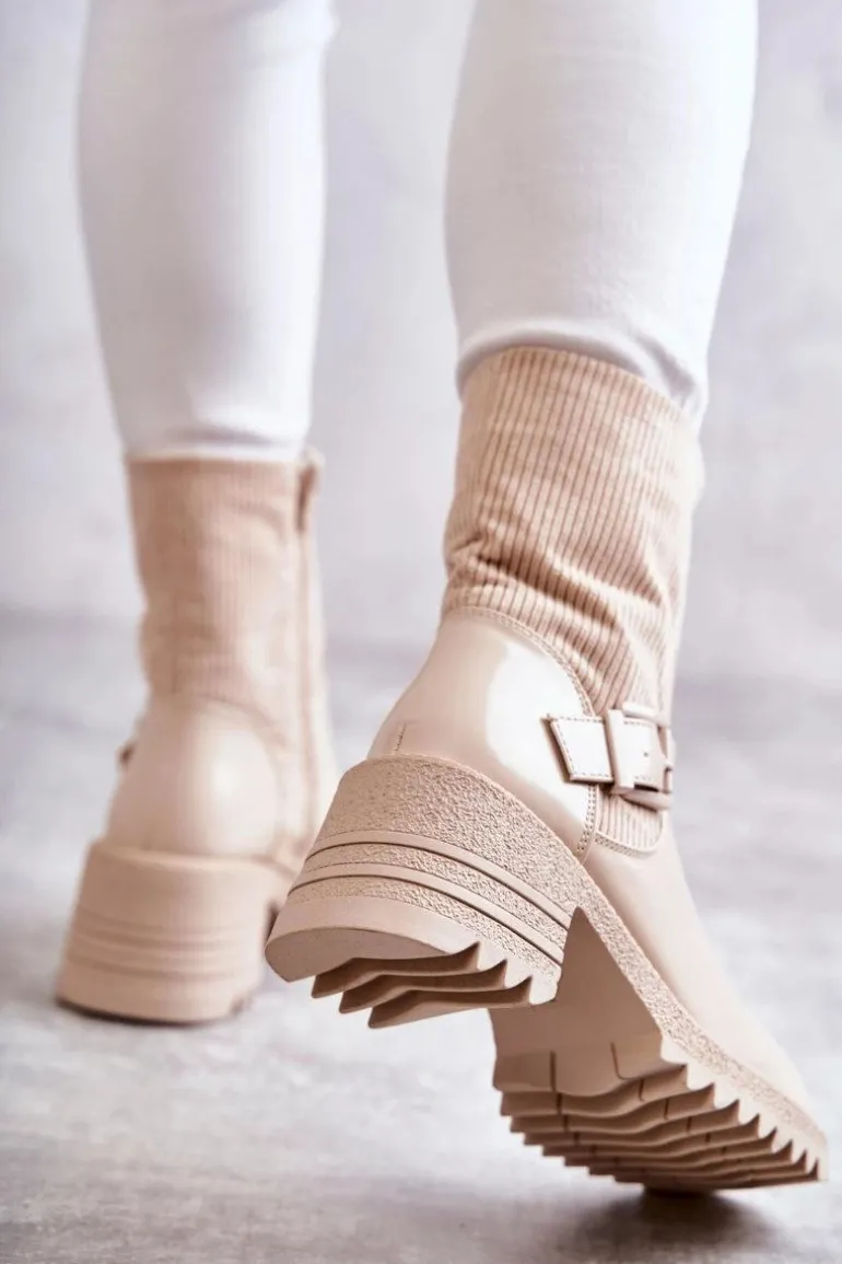 Damskie Botki Ocieplane Na Masywnym Obcasie Beżowe Marinela