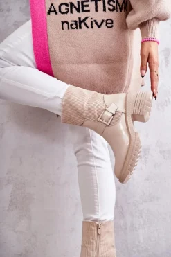 Damskie Botki Ocieplane Na Masywnym Obcasie Beżowe Marinela