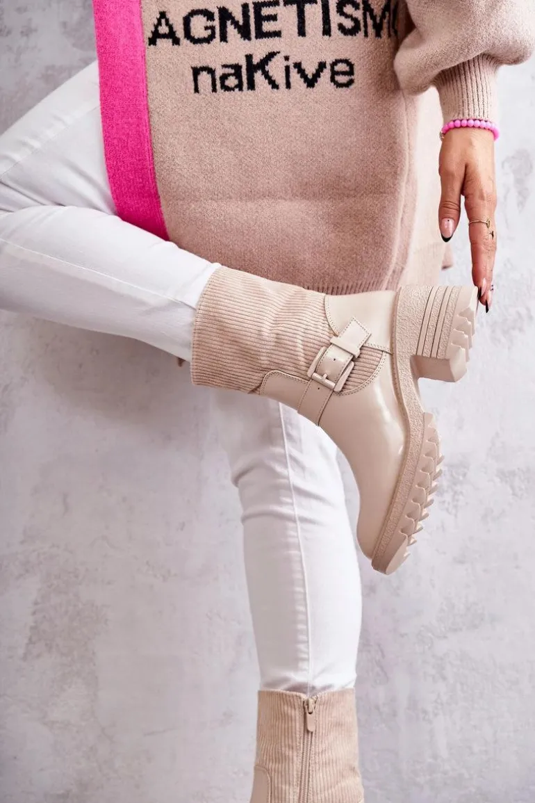 Damskie Botki Ocieplane Na Masywnym Obcasie Beżowe Marinela