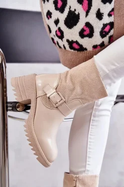 Damskie Botki Ocieplane Na Masywnym Obcasie Beżowe Marinela